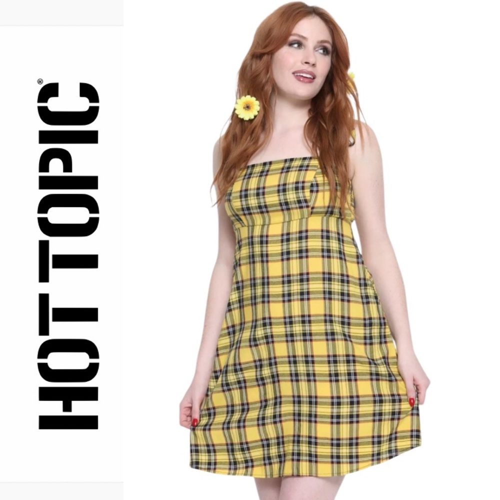 Yellow plaid empire waist cami dress with tie straps and side pockets- XL